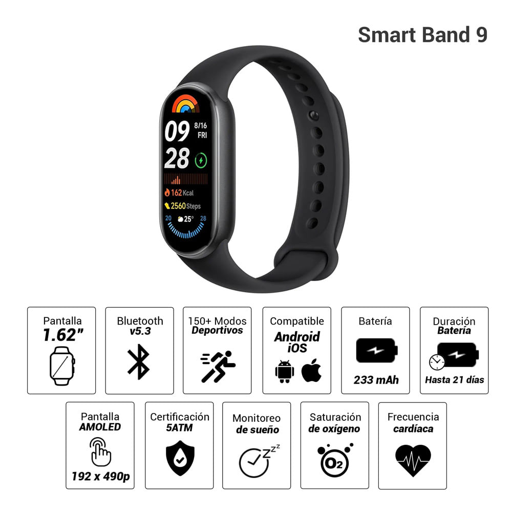 Imagen 2 del producto Smartband Xiaomi Smart Band 9 versión global, pantalla AMOLED 1.62"", 150+ modos deportivos, 5ATM, hasta 21 días de batería, negro