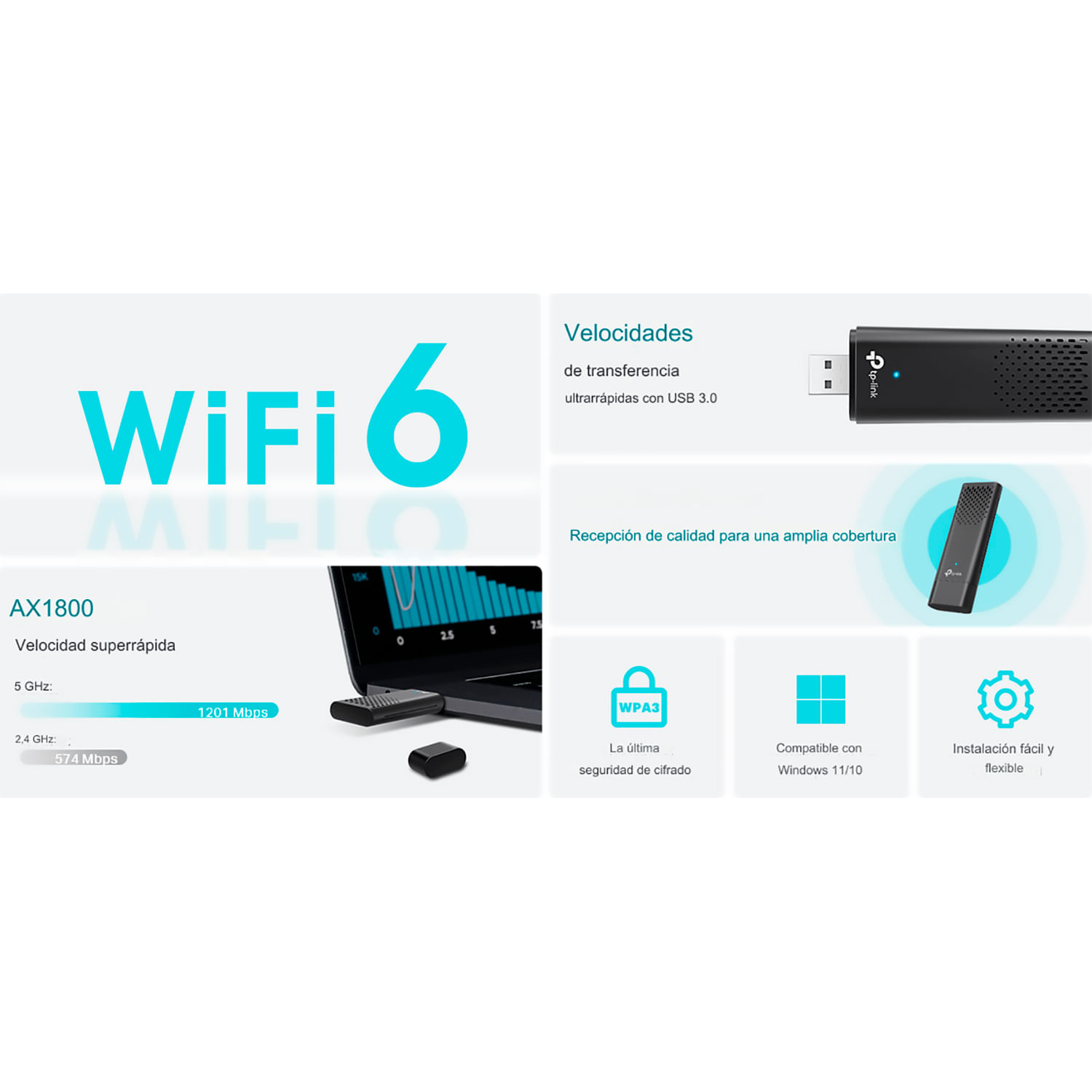 Imagen 2 del producto TP-Link Archer TX20U, adaptador USB Wi-Fi 6 AX1800, con antenas de alta ganancia