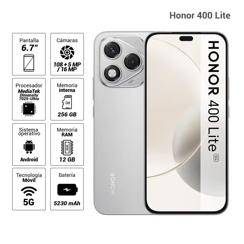 Imagen 2 del producto Celular Honor 400 Lite 5G 256GB, 12GB RAM, cámara trasera 108MP y frontal 16MP, 6.7"", Velvet Grey + Cargador/Case de regalo
