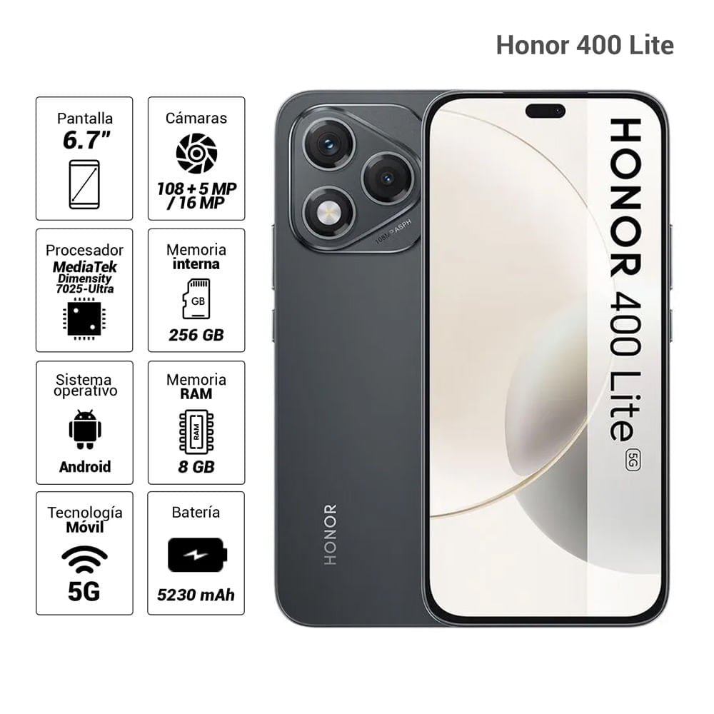 Imagen 2 del producto Celular Honor 400 Lite 5G, 256GB, 8GB RAM, cámara trasera 108MP y frontal 16MP, 6.7"", negro