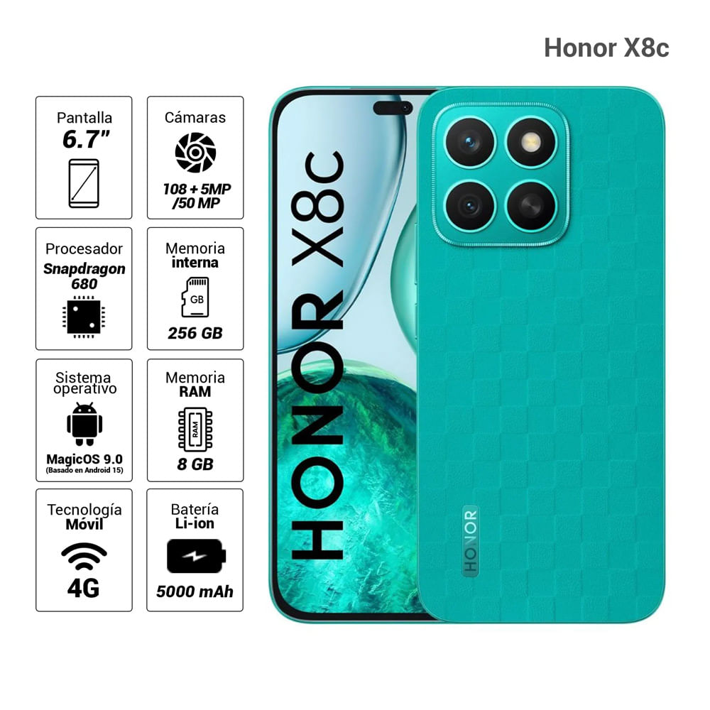 Imagen 2 del producto Celular Honor X8c 4G, 256GB, 8GB RAM, cámara trasera 108MP y frontal 50MP, 6.7"", verde