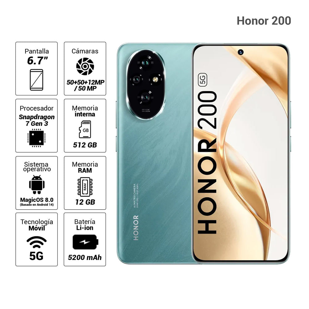 Imagen 2 del producto Celular Honor 200 5G, 512GB, 12GB RAM, cámara trasera 50MP y frontal 50MP, 6.7"", verde esmeralda