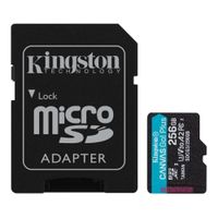 Tarjeta MicroSDXC Kingston Canvas Go Plus Gen4 256GB U3 V30 A2, alta velocidad, ideal para video 4K, apps móviles y drones, incluye adaptador SD