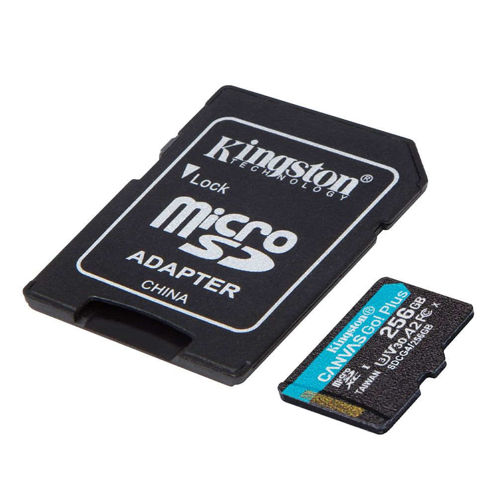 Imagen 2 del producto Tarjeta MicroSDXC Kingston Canvas Go Plus Gen4 256GB U3 V30 A2, alta velocidad, ideal para video 4K, apps móviles y drones, incluye adaptador SD
