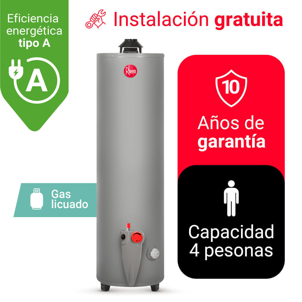 Imagen 2 del producto Termotanque Rheem, 114 litros, GLP, triple sistema de seguridad, deflector de gases calientes, gris