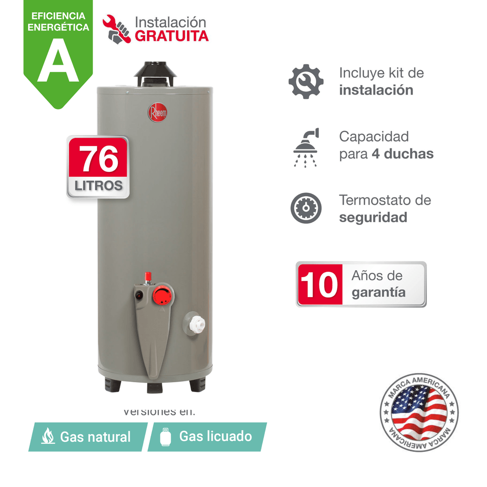 Imagen 2 del producto Termotanque Rheem, 76 litros, GLP, quemador de acero, encendido automático, gris