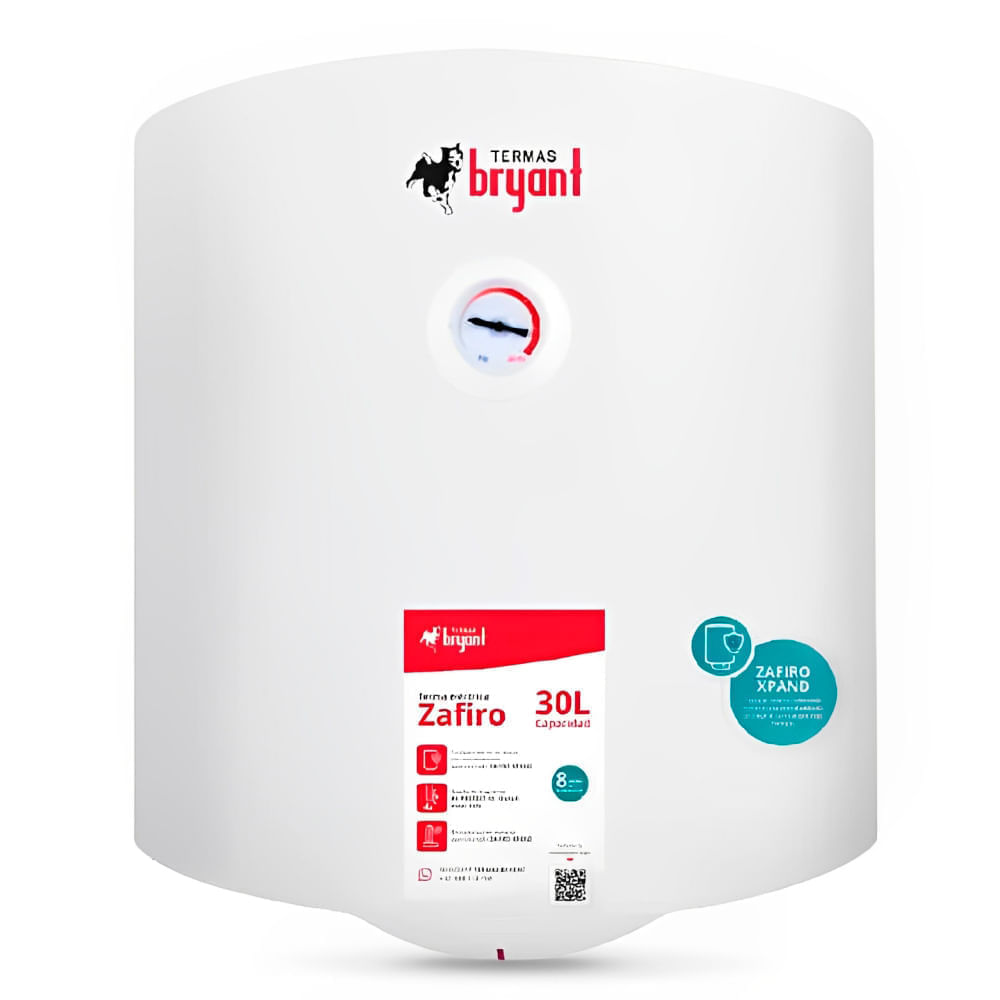 Imagen 1 del producto Terma eléctrica Bryant Zafiro 1500W, 30 litros, luz led de funcionamiento, blanco