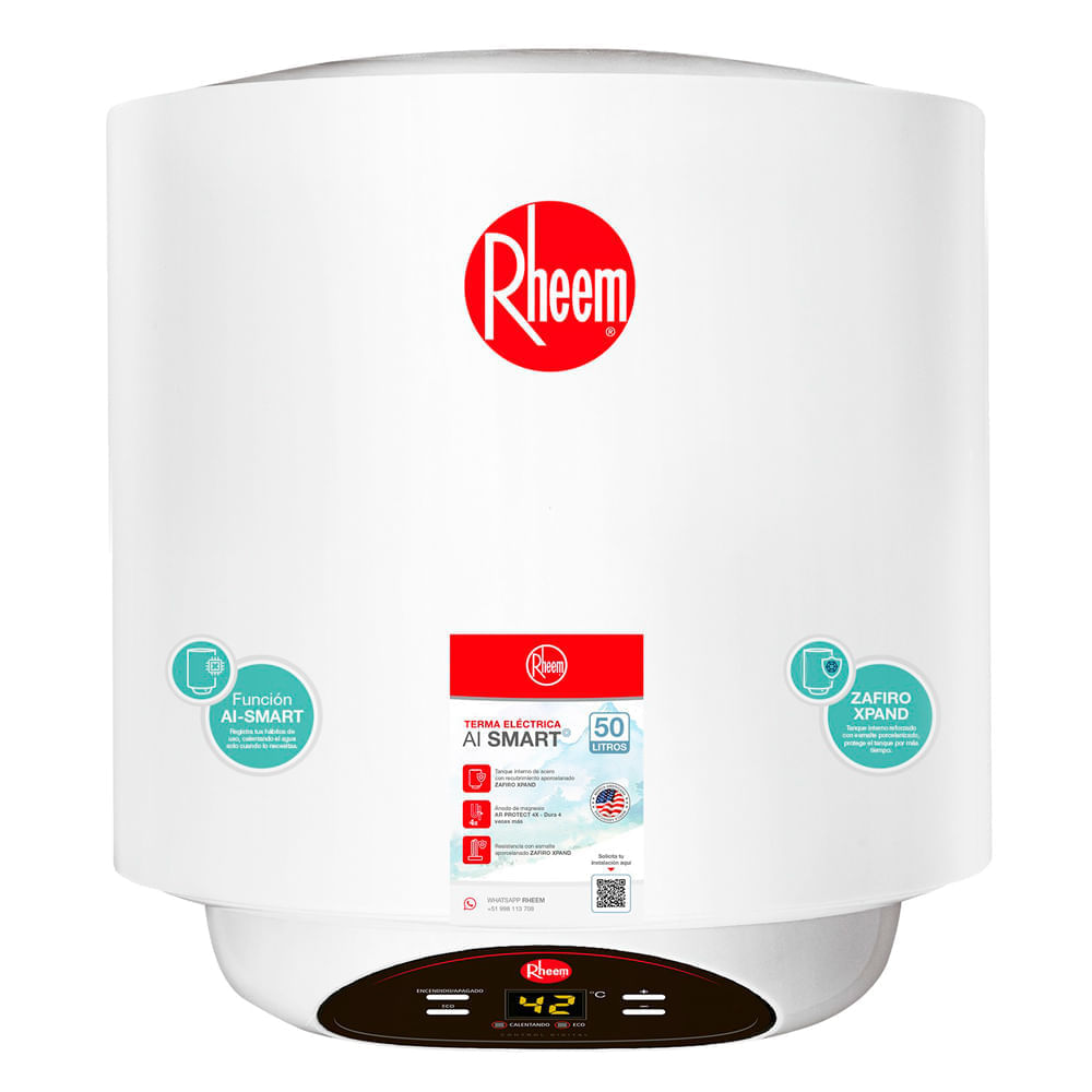 Terma eléctrica Rheem Ai smart, 50 litros, esmaltada con zafiro, blanco