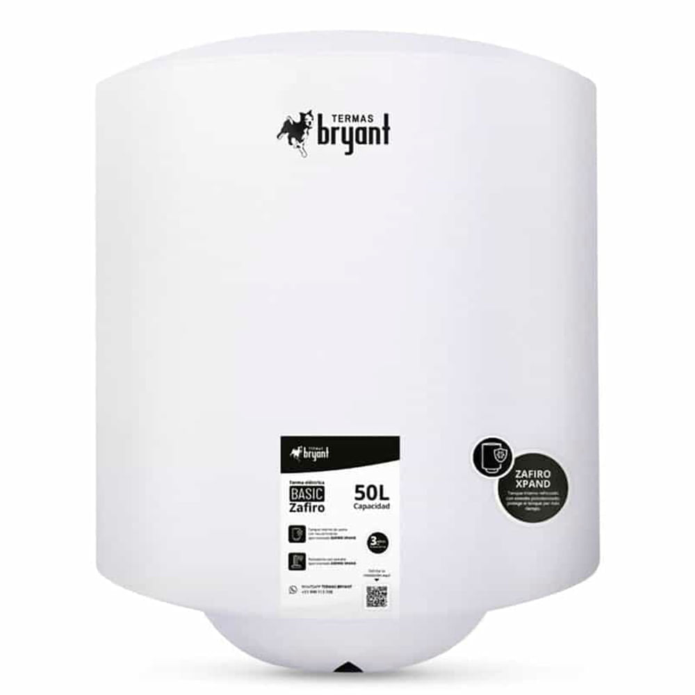 Terma eléctrica Bryant Basic 50L, tanque esmaltado Zafiro Xpand, resistencia esmaltada con zafiro, ahorro energía, blanco