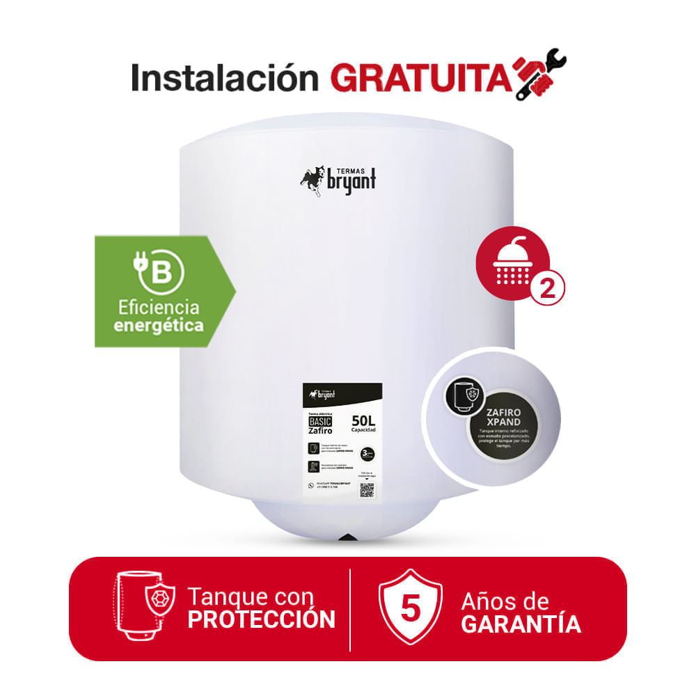 Imagen 2 del producto Terma eléctrica Bryant Basic 50L, tanque esmaltado Zafiro Xpand, resistencia esmaltada con zafiro, ahorro energía, blanco