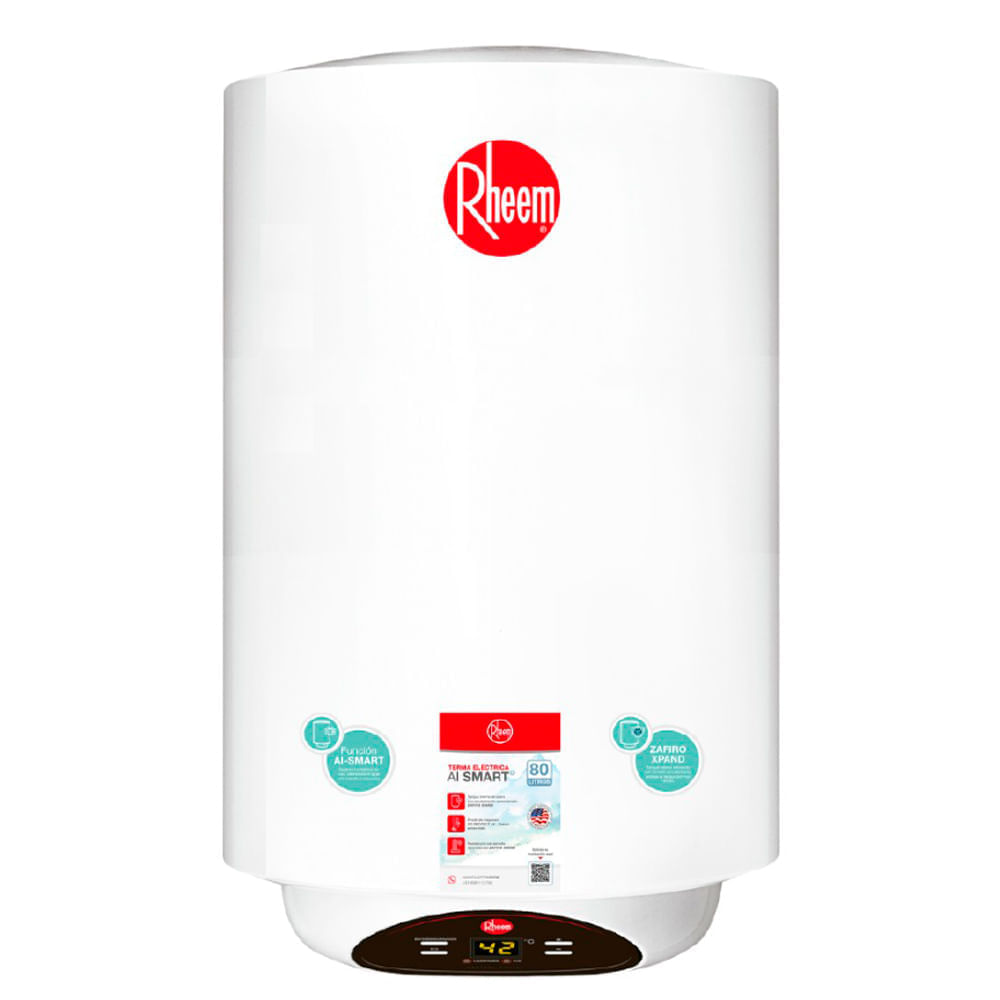 Terma eléctrica Rheem Ai smart 1500W, 80 litros, temperatura digital, blanco