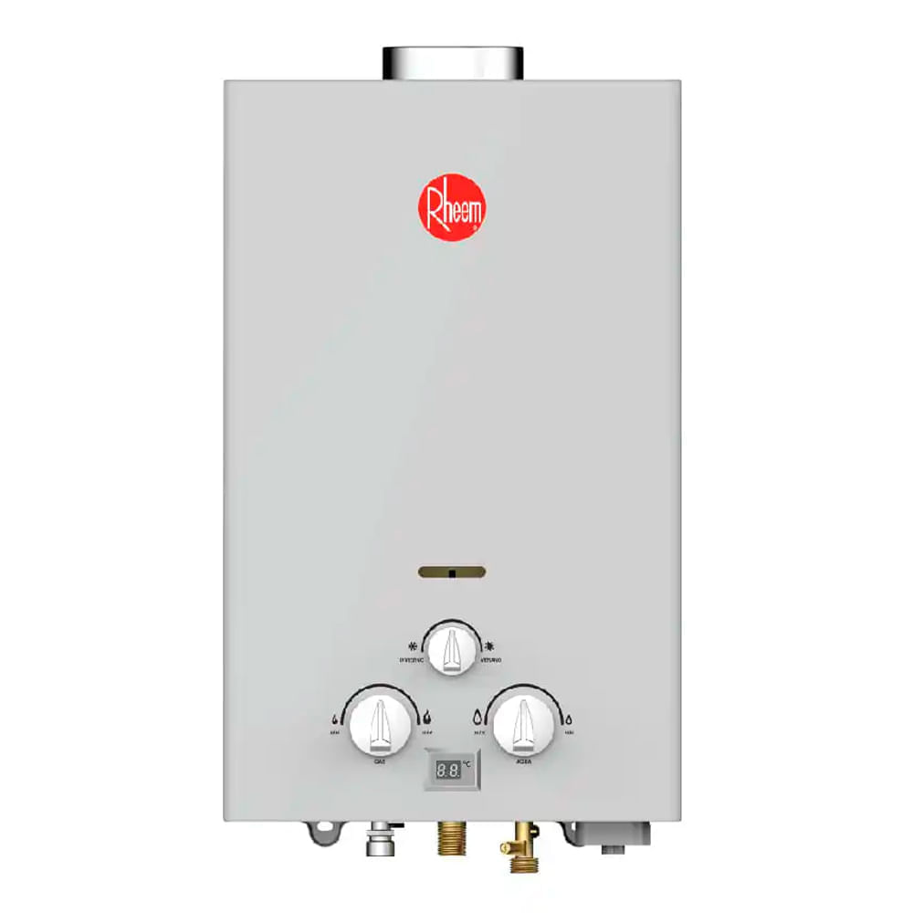 Terma a gas Rheem, 10 litros, GLP, botón de encendido y apagado, gris