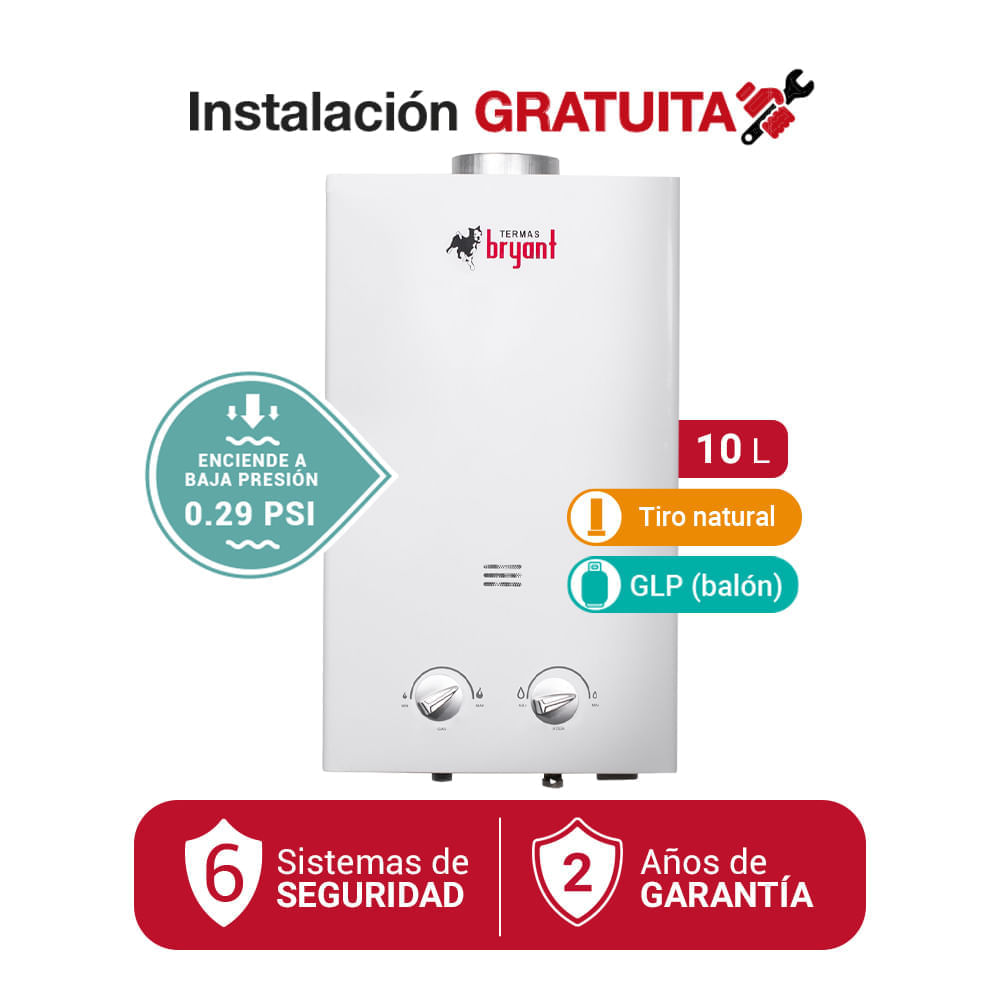 Imagen 2 del producto Terma a gas Bryant, 10 litros, GLP, controles mecánicos, blanco
