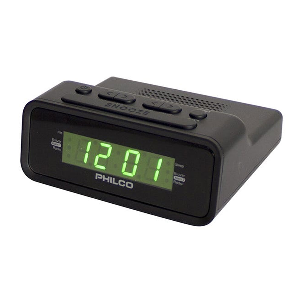 Radio reloj despertador Philco PAR1006-GR, alarma dual, memoria para 20 estaciones, FM, pantalla LED  0.6'', negro