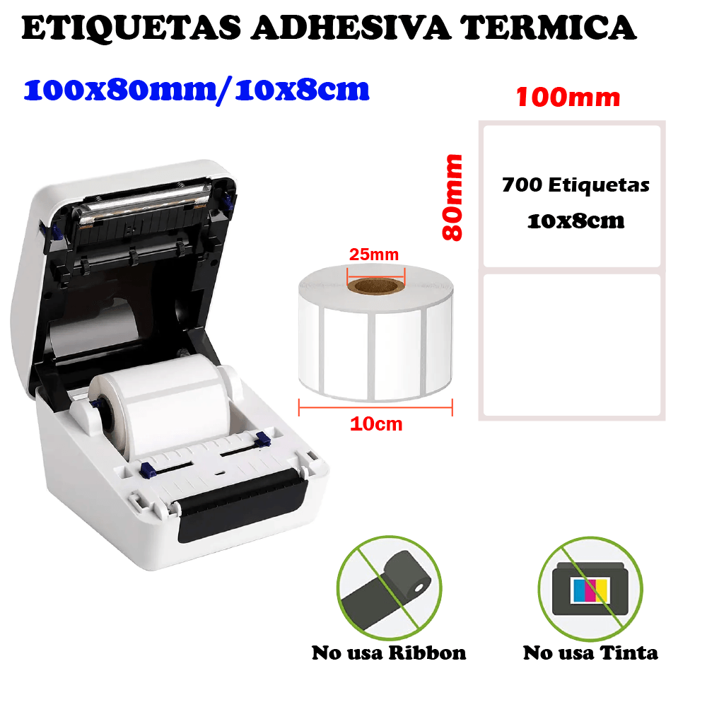 Imagen 2 del producto Pack de 3 rollos, etiqueta térmica adhesiva, 10x8 cm, 700 etiquetas por rollo