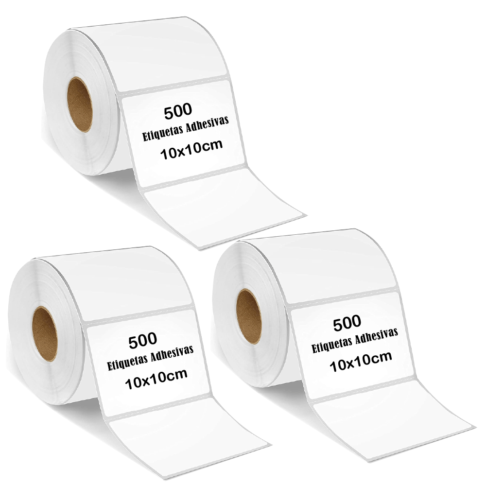 Pack de 3 rollos, etiqueta térmica adhesiva, 10x10 cm, 500 etiquetas por rollo