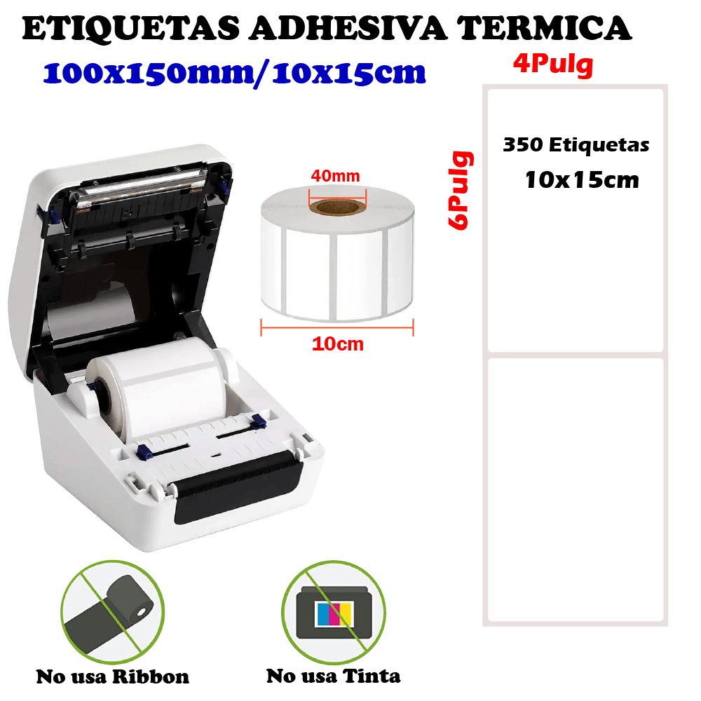 Imagen 2 del producto Pack 3 rollos de etiquetas térmicas adhesivas 10x15 cm, 350 etiquetas por rollo