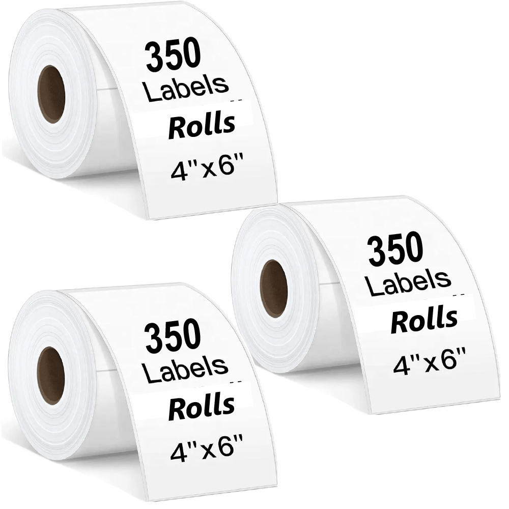 Pack 3 rollos de etiquetas térmicas adhesivas 10x15 cm, 350 etiquetas por rollo