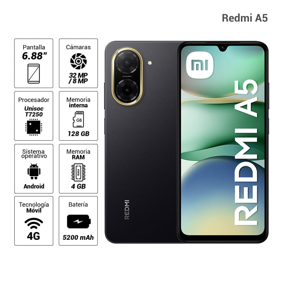 Imagen 2 del producto Celular Xiaomi Redmi A5 4G 128GB, 4GB RAM, cámara trasera 32MP y frontal 8MP, 6.88'', negro