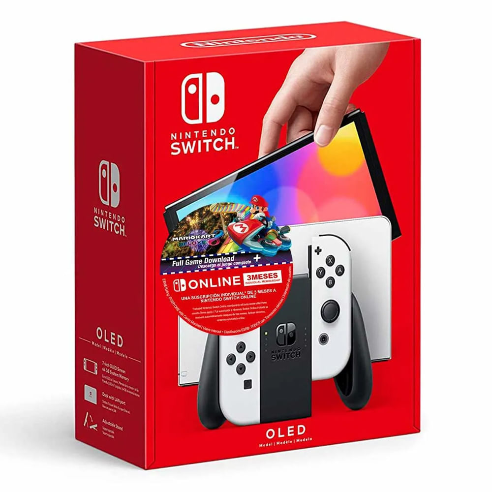 Consola Nintendo Switch Oled 64GB, blanco + Juego Mario Kart 8 + 3 meses de suscripción