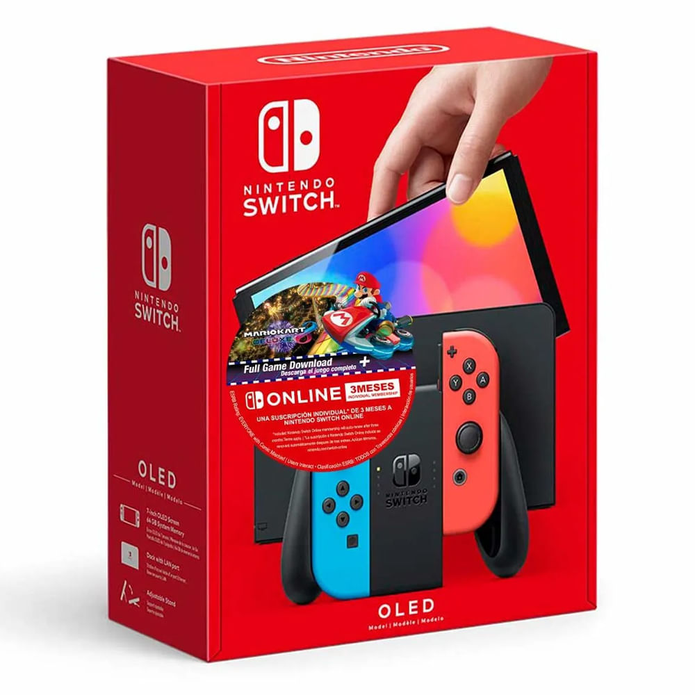 Consola Nintendo Switch Oled 64GB, rojo y azul neón + Juego Mario Kart 8 + 3 meses de suscripción