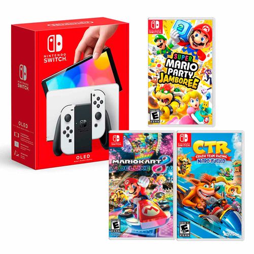 Consola Nintendo Switch Modelo Oled + Mario Party Jamboree + Mario Kart 8 + Ctr, blanco