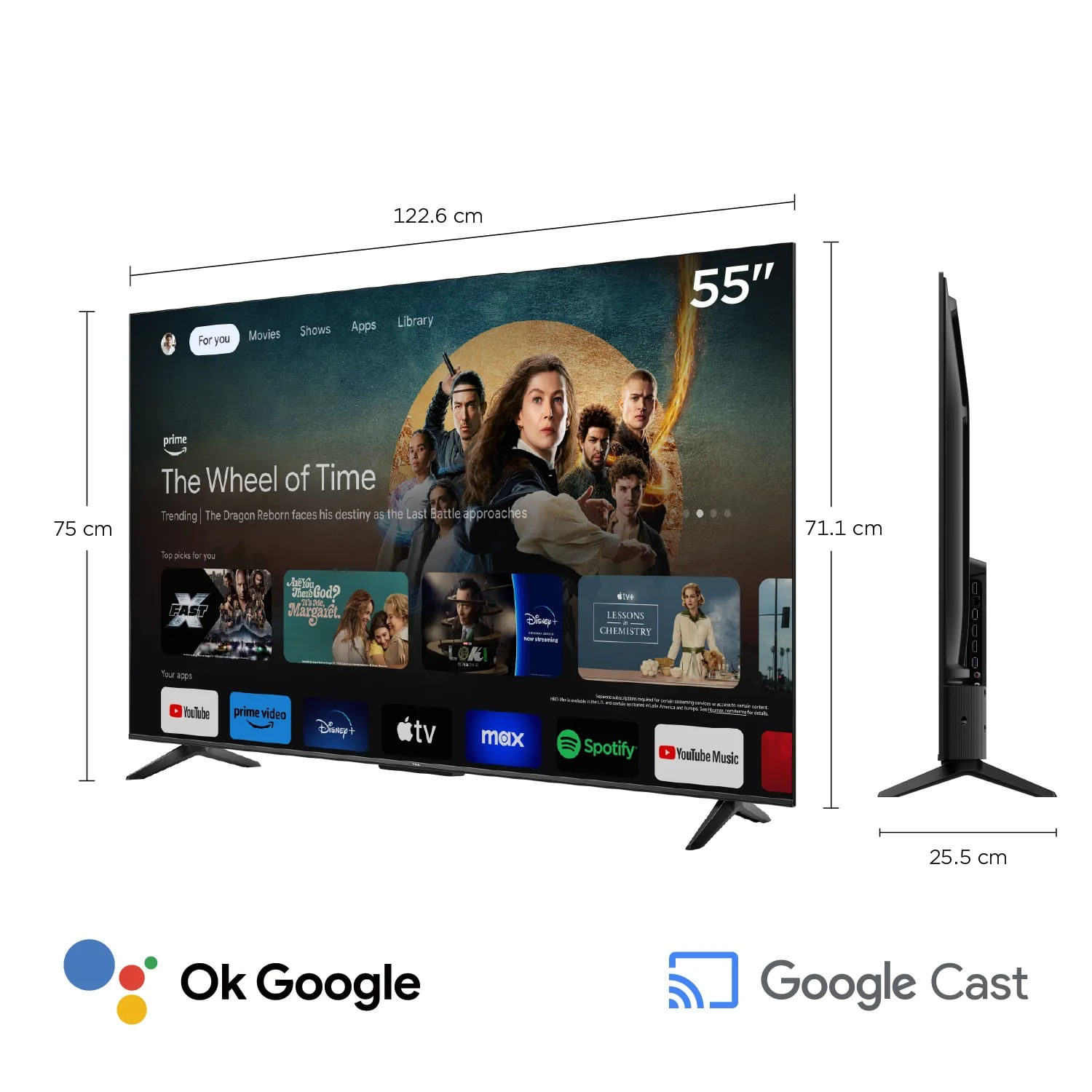 Imagen 2 del producto Smart TV TCL 55"" QLED 4K, Google TV, HDR, sonido 20W, 3 HDMI 2.1, USB, Wi-Fi, diseño marco delgado