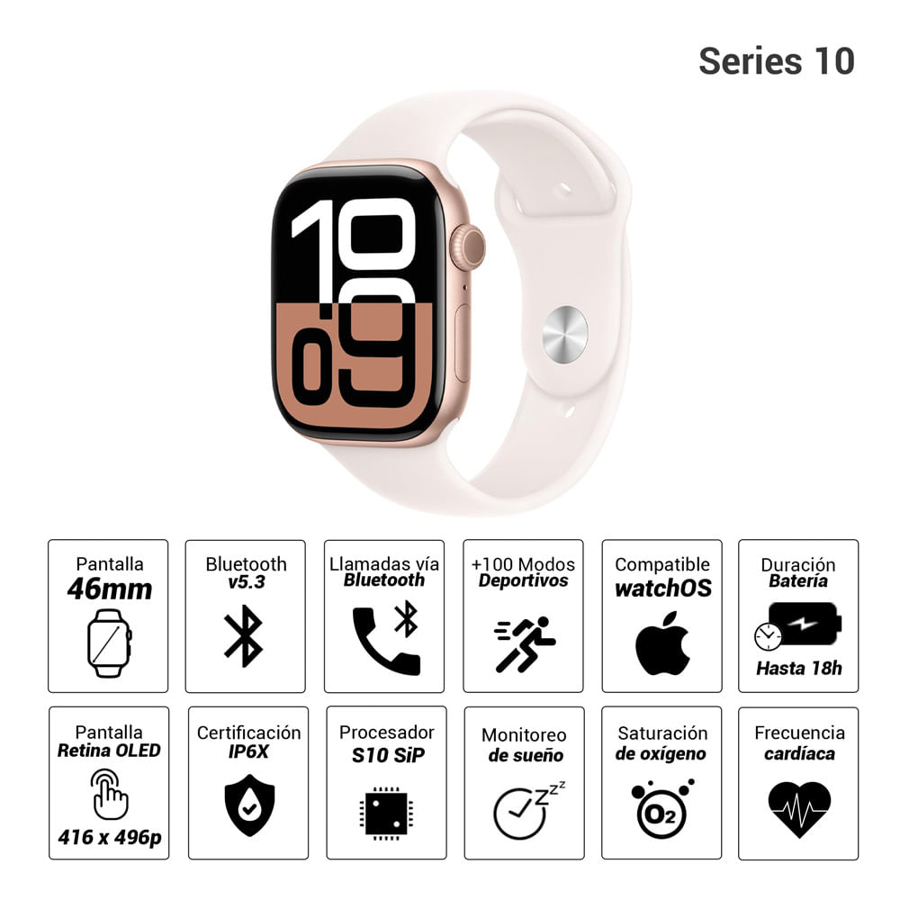 Imagen 2 del producto Apple Watch Series 10 pantalla 46mm/OLED Retina LTPO3, GPS, resistente al agua IP6X, batería hasta 18 horas, rosado