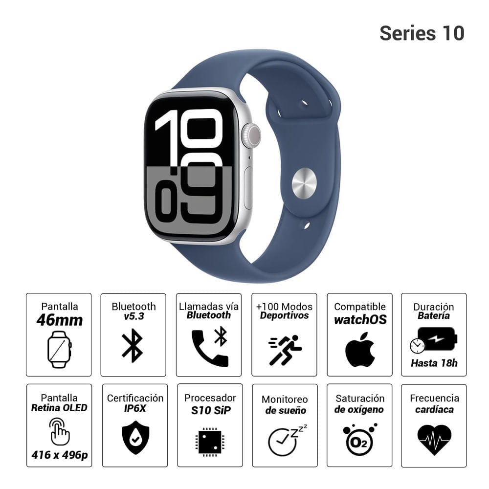Imagen 2 del producto Apple Watch Series 10 46mm, GPS, certificación IP6X, batería hasta 18 horas, Talla M/L, memoria 64GB, sport band, plata
