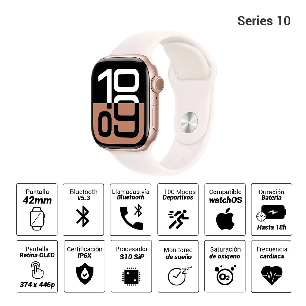 Imagen 2 del producto Apple Watch 10 42mm, GPS, resistencia al agua 50m, batería hasta 18 horas, Talla M/L, memoria 32GB, rosado