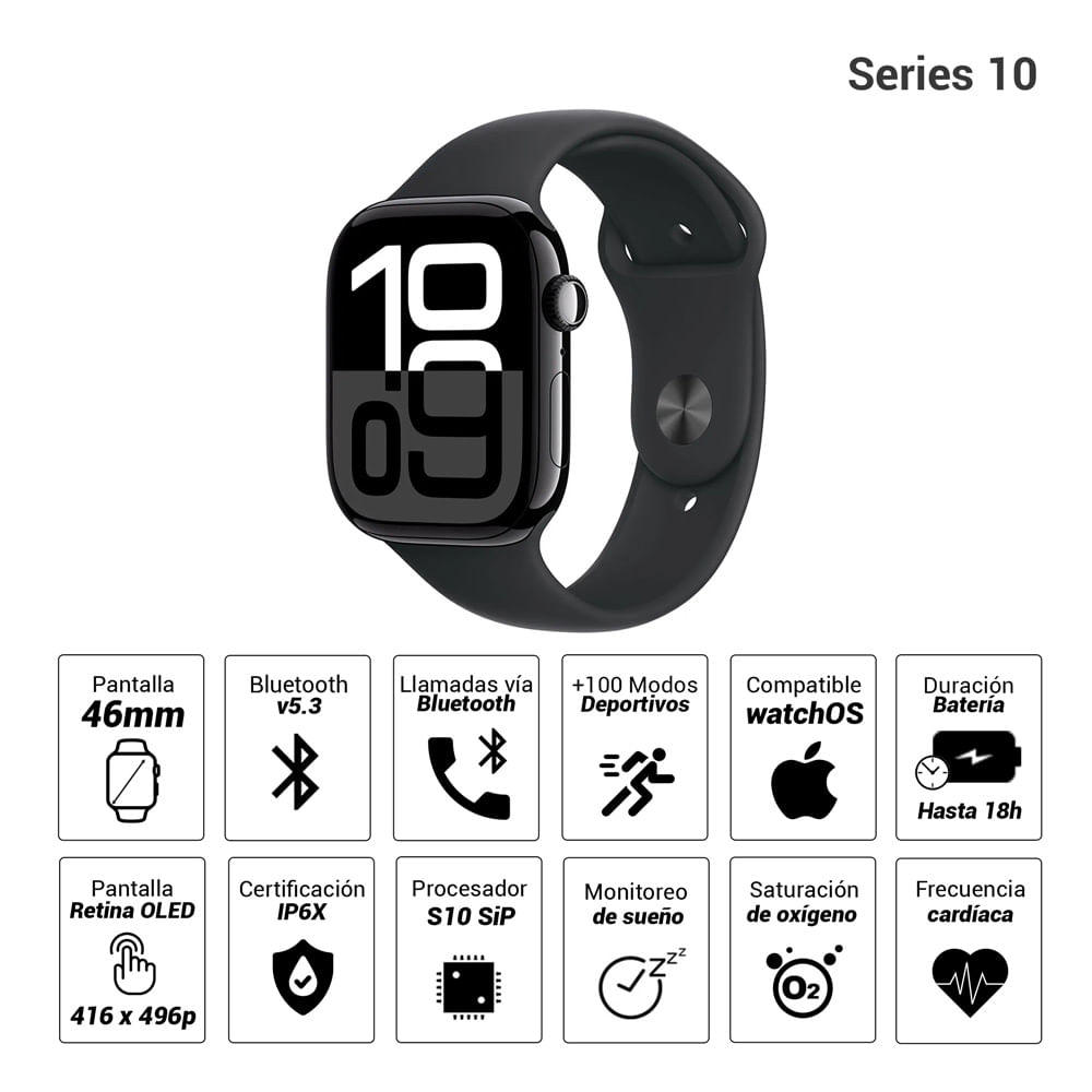 Imagen 2 del producto Apple Watch Series 10 46mm, GPS, certificación IP6X, batería hasta 18 horas, Talla M/L, memoria 64GB, sport band, negro