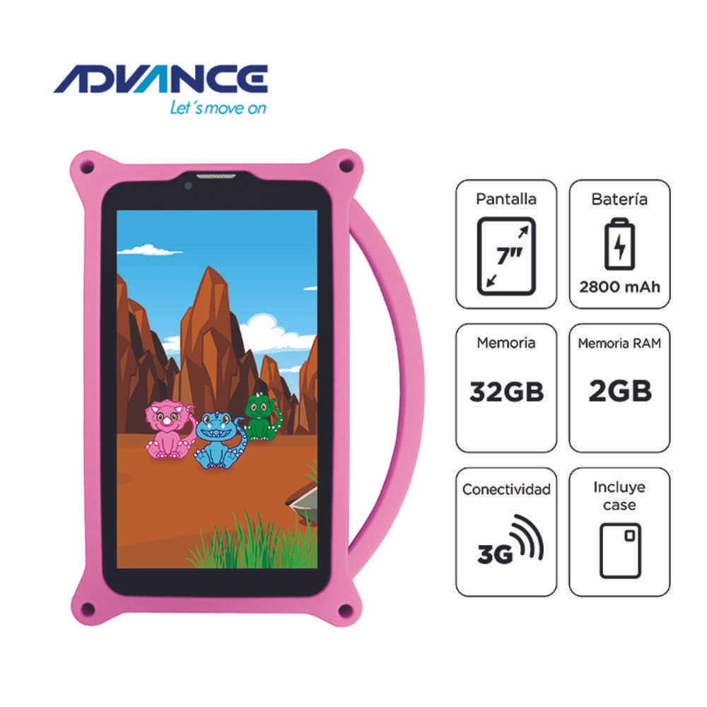 Imagen 2 del producto Tablet Advance Intro TR6955, 7"" IPS 1024x600, Android 11 Go, 3G, Dual SIM, 32GB, 2GB RAM, dino rosa