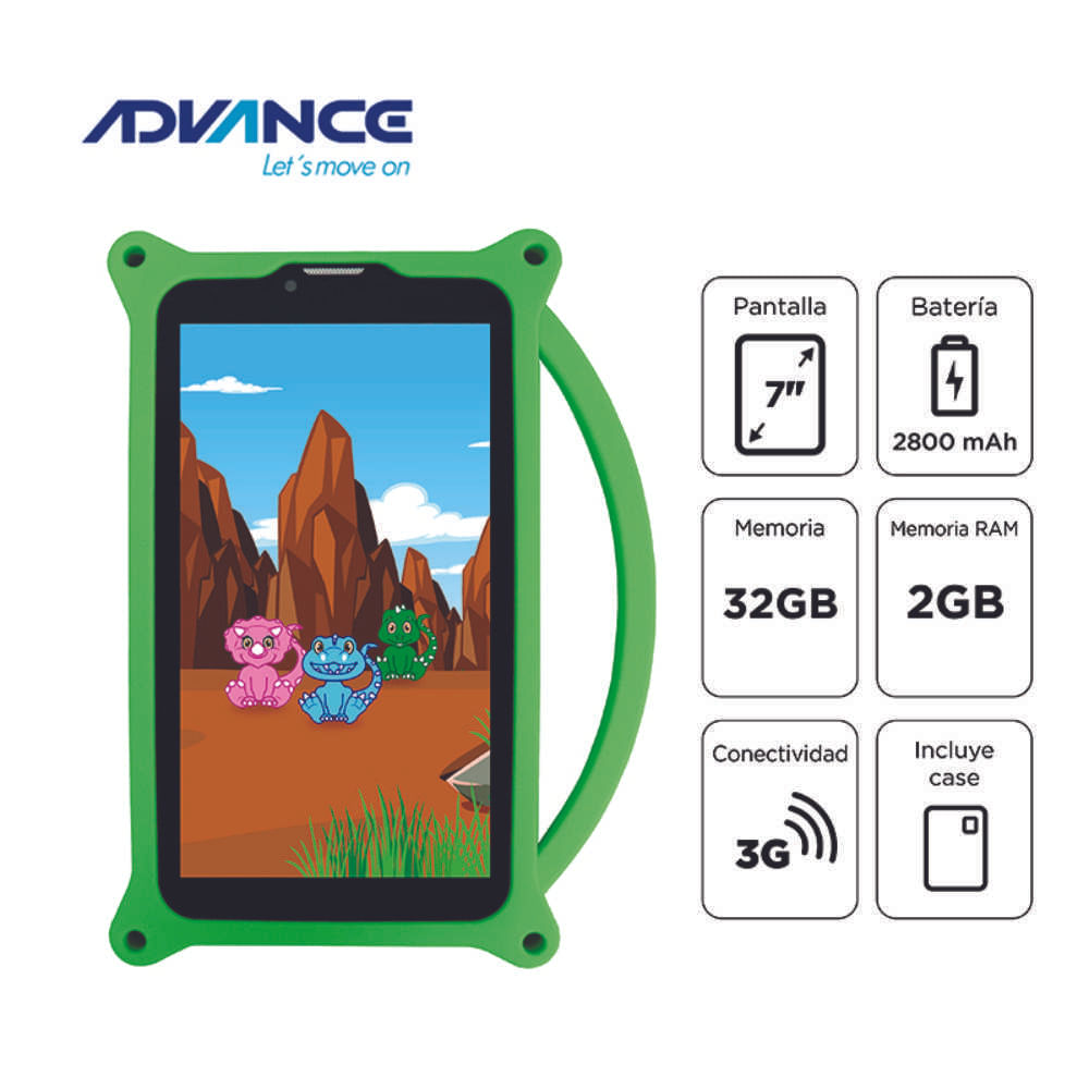 Imagen 2 del producto Tablet Advance Intro TR6955, 7"" IPS 1024x600, Android 11 Go, 3G, Dual SIM, 32GB, 2GB RAM, dino verde