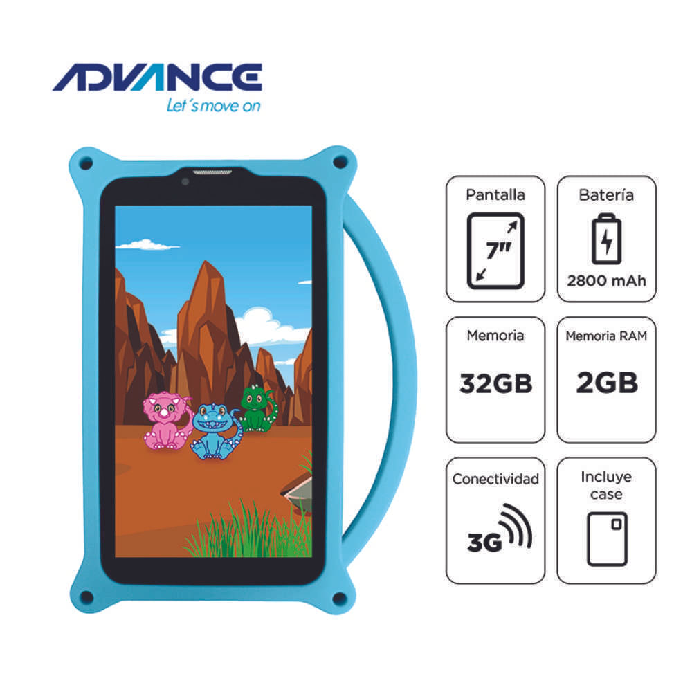 Imagen 2 del producto Tablet Advance Intro TR6955, 7"" IPS 1024x600, Android 11 Go, 3G, Dual SIM, 32GB, 2GB RAM, dino celeste