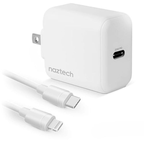 Cargador de pared rápido Naztech 20W Pd, con cable USB-C to lightning, blanco