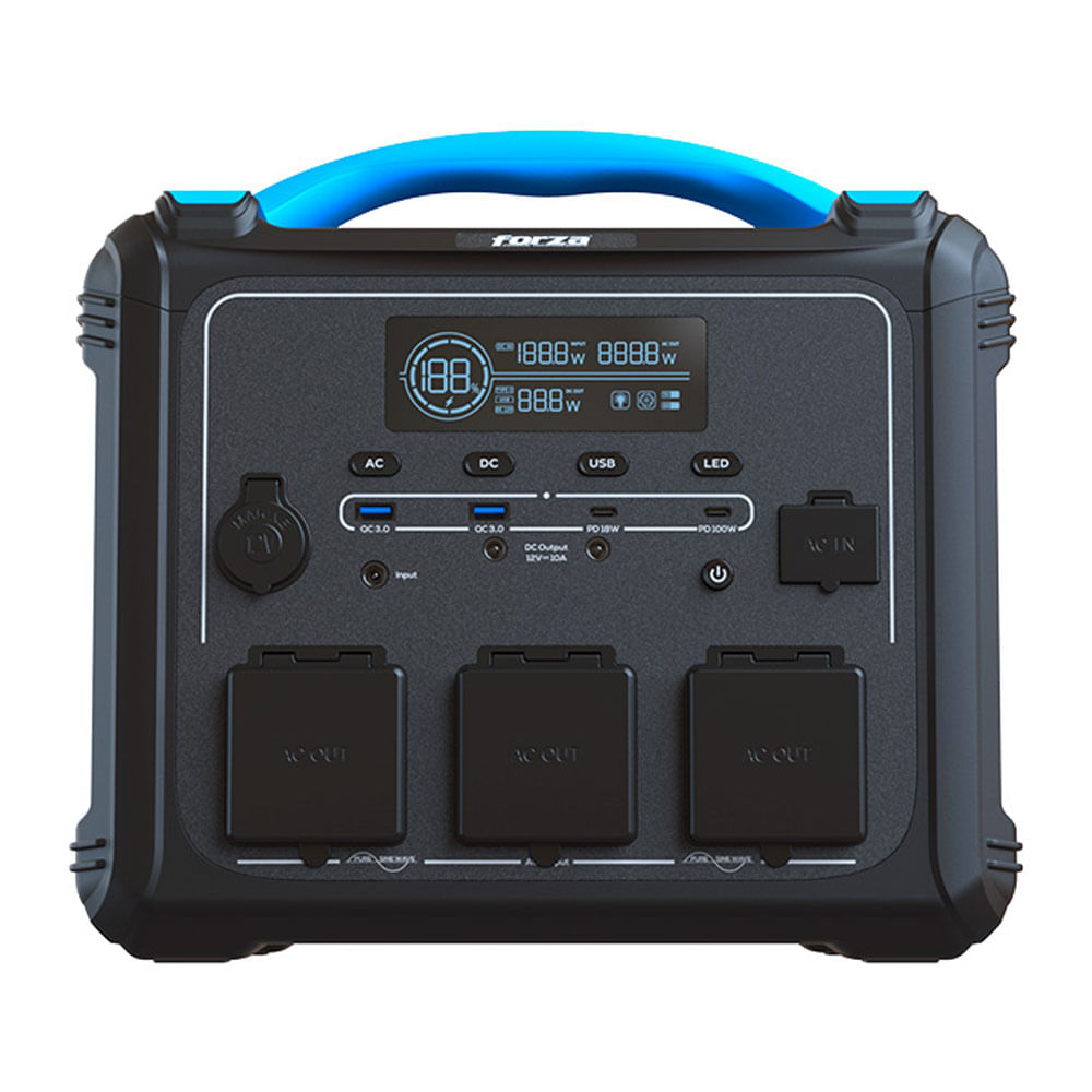 Generador eléctrico Forza FPP-T1202 de baterías LMFP de 1200W, carga rápida, 10 salidas, tomas 3CA/8CC, LED, 1102Wh, compatible con carga solar, negro