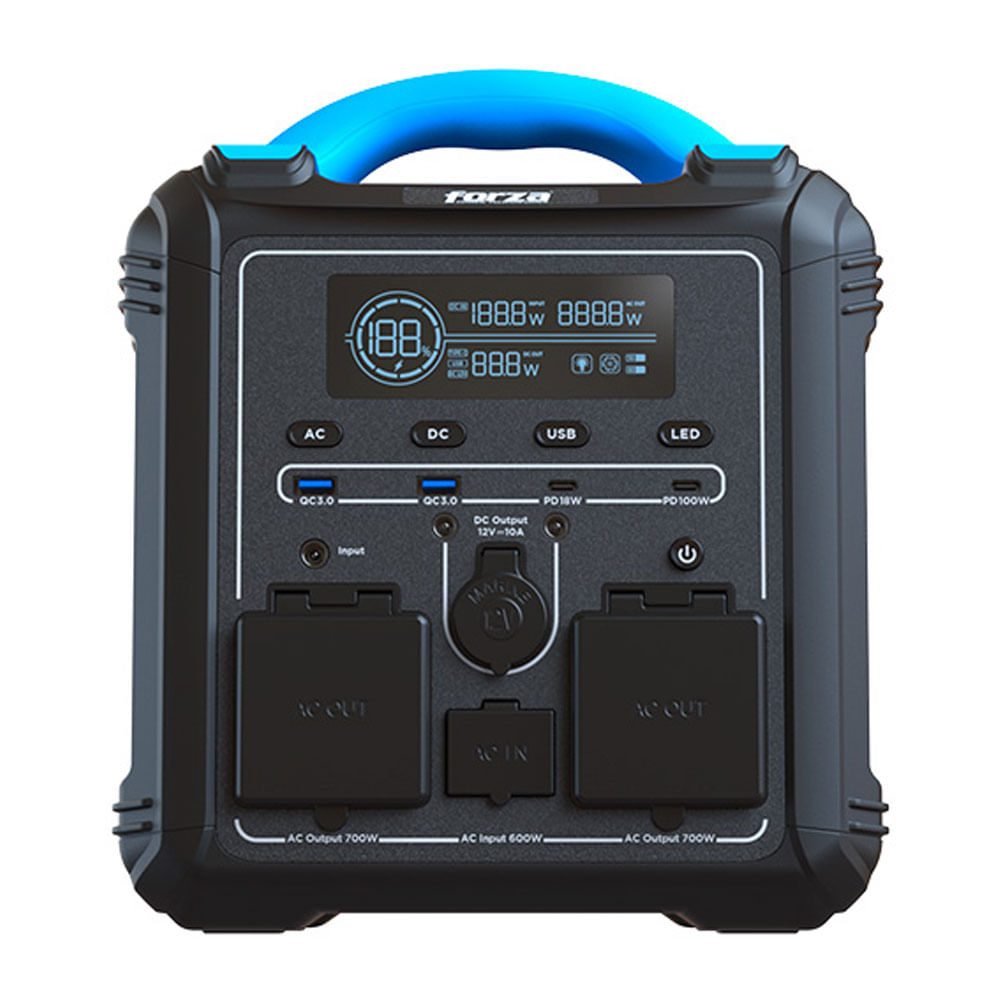 Generador eléctrico Forza FPP-T702 de baterías LMFP de 700W, carga rápida, 9 salidas, tomas 2CA/8CC, LED, 551Wh, compatible con carga solar, negro