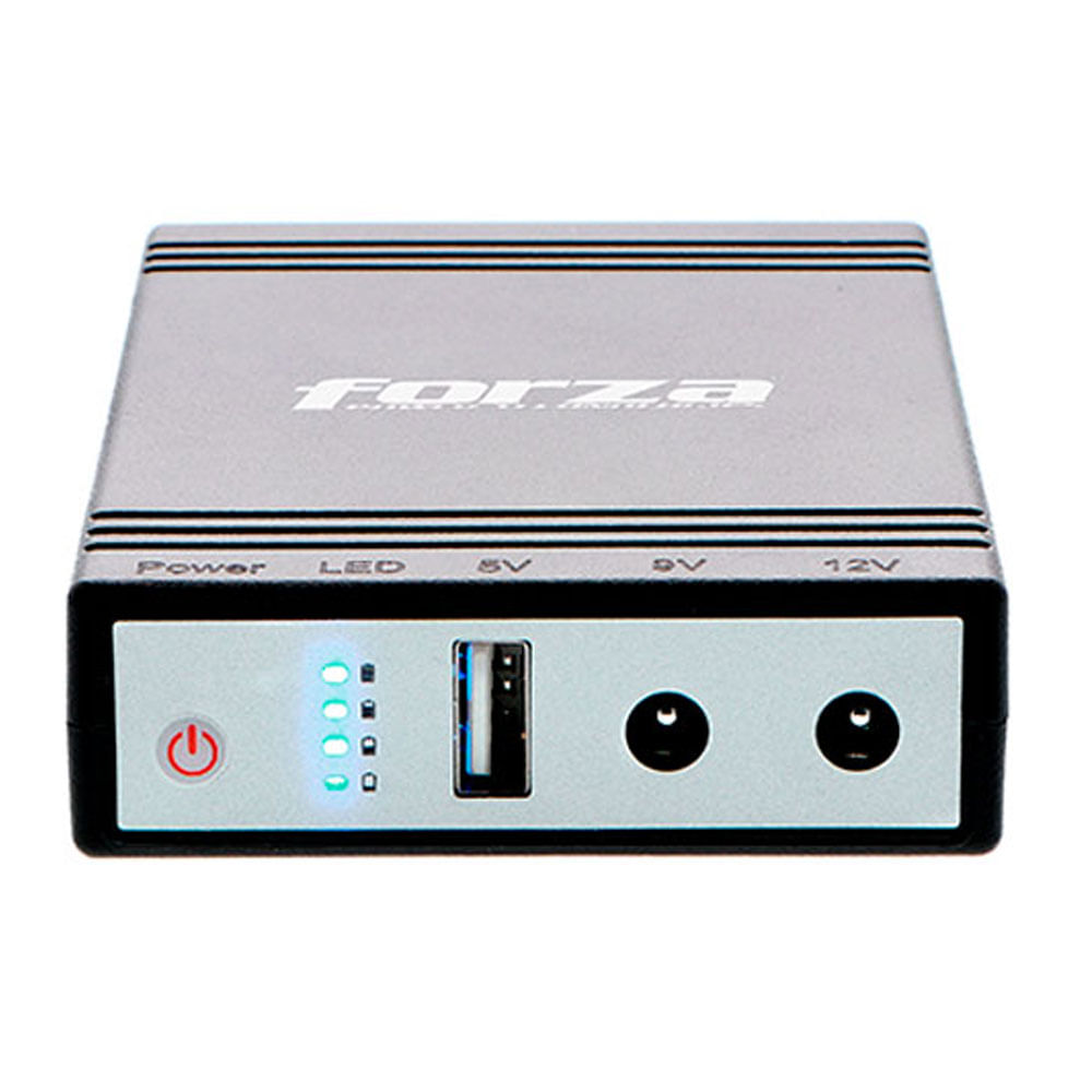 UPS portátil Forza con batería 4000mAh, salidas múltiples 5/9/12V, puerto USB, con protección contra sobrecargas y cargador CC 24W, negro
