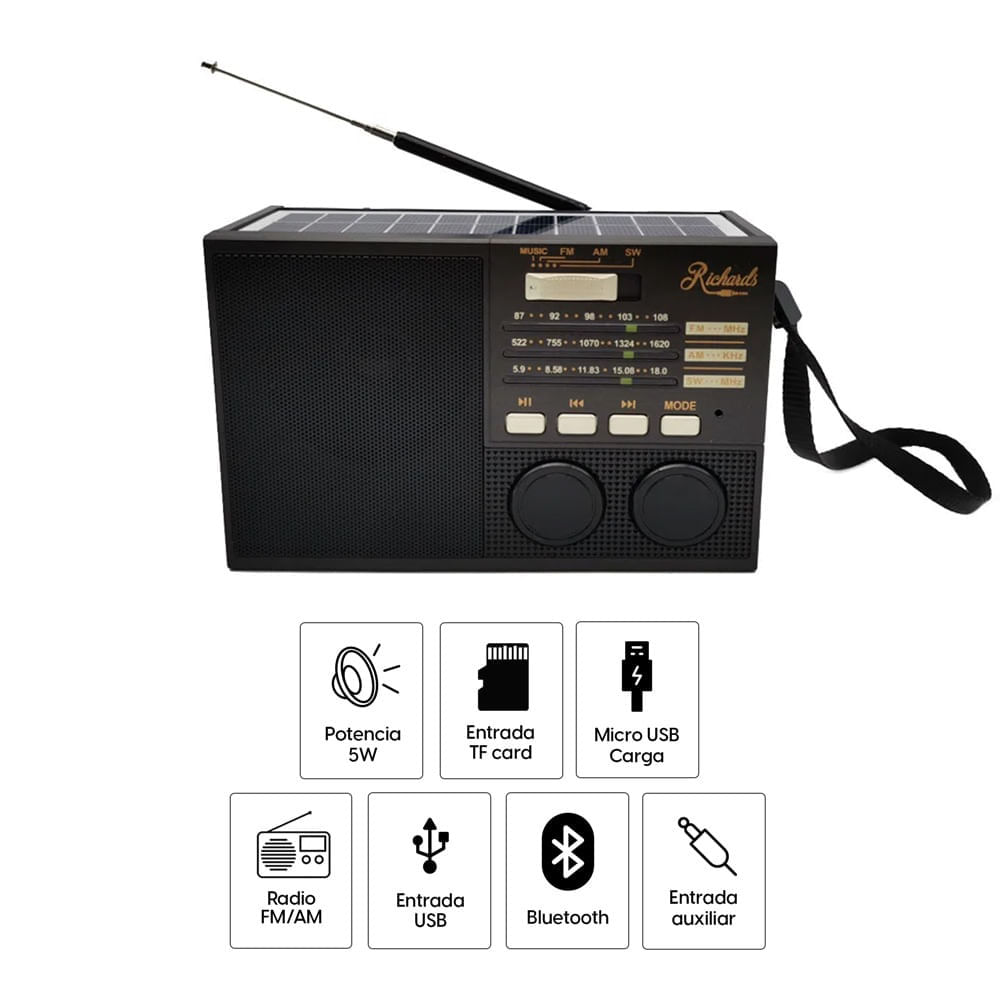 Imagen 2 del producto Radio portátil Richards Classic bluetooth, panel solar, FM/AM/SW, USB/TF, linterna, recargable (reempacado)