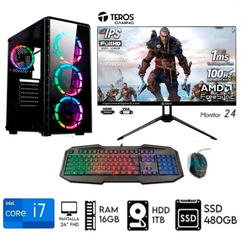 Imagen 2 del producto PC Core i7-6TH + 16GB RAM + Disco 1TB + 480GB SSD + Monitor 24"" FHD + Teclado y mouse Gamer Halion + Case RGB luces, FreeDOS