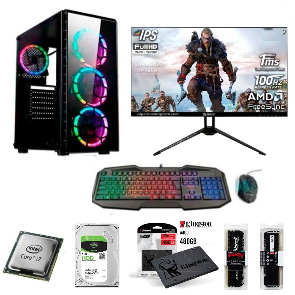 PC Core i7-6TH + 16GB RAM + Disco 1TB + 480GB SSD + Monitor 24" FHD + Teclado y mouse Gamer Halion + Case RGB luces, FreeDOS