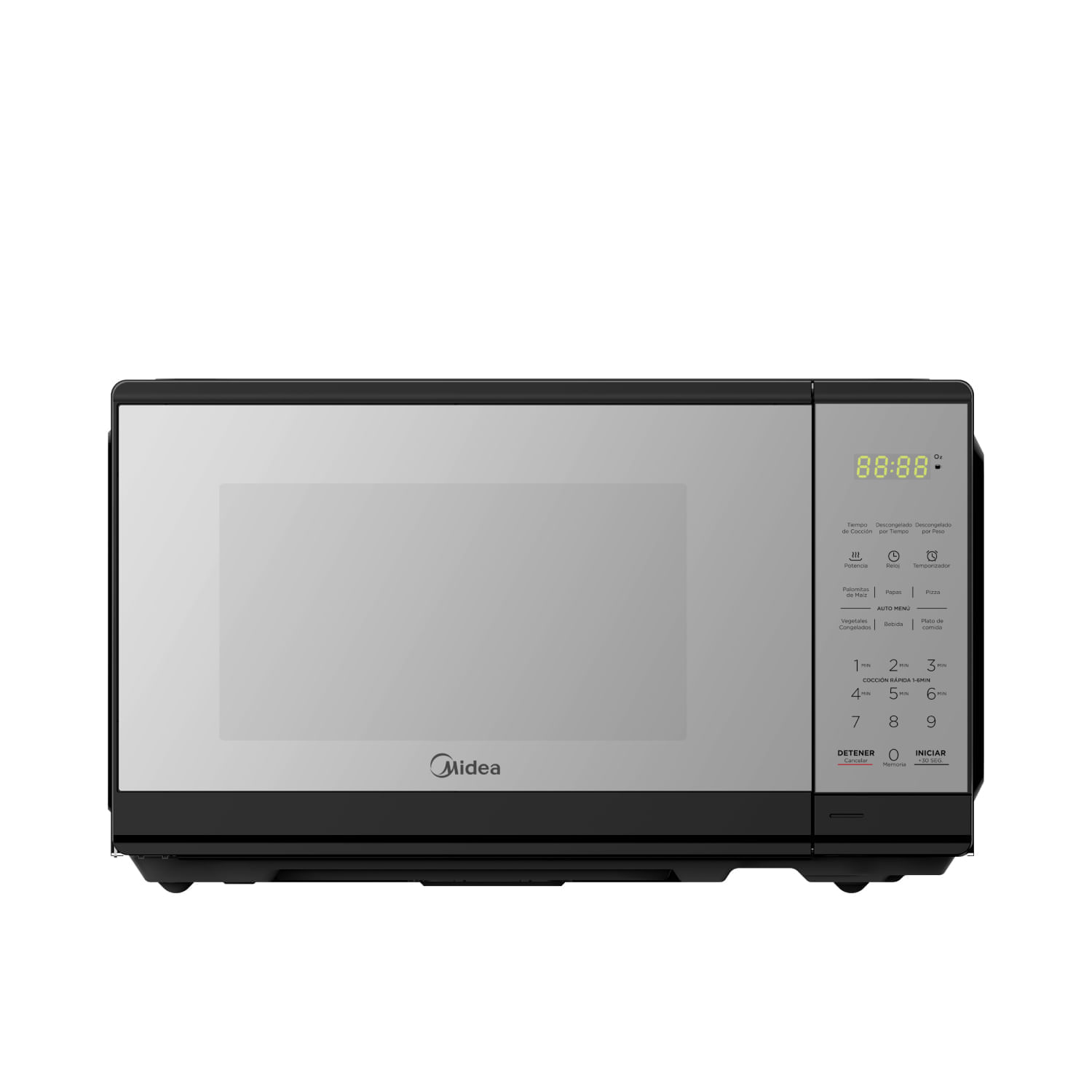 Microondas Midea Practia 1050W, 20 litros puerta espejo, panel digital, bloqueo infantil, negro