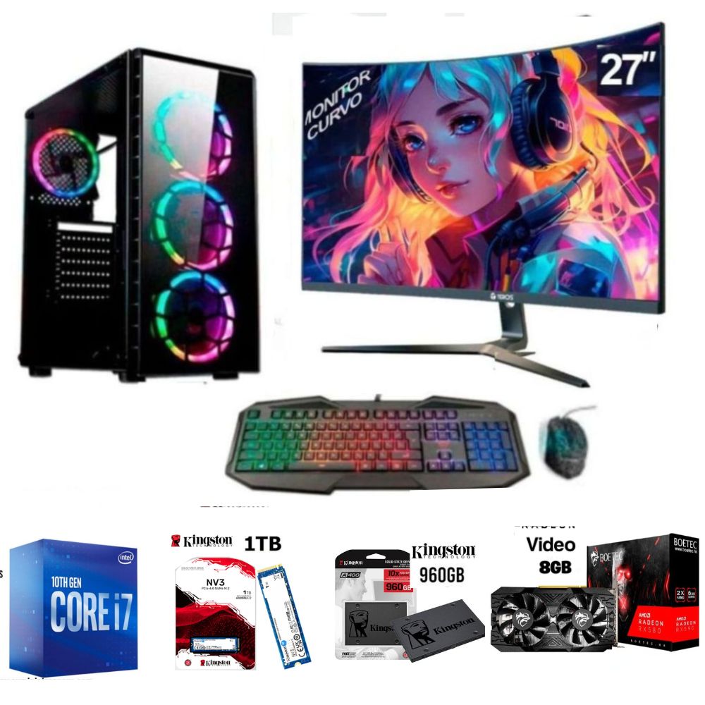 PC gamer Core i7-10TH + 32GB RAM + 1TB HDD M.2 + 960GB SSD + VIDEO RX 580 8GB + Monitor 27" FHD, FreeDOS