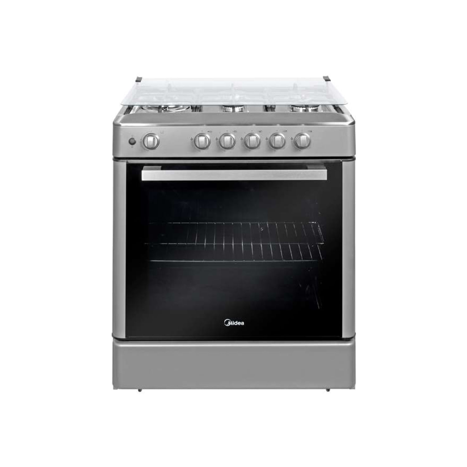 Cocina a gas Midea Venus 30” con 5 quemadores, horno, tapa de vidrio y puerta negra