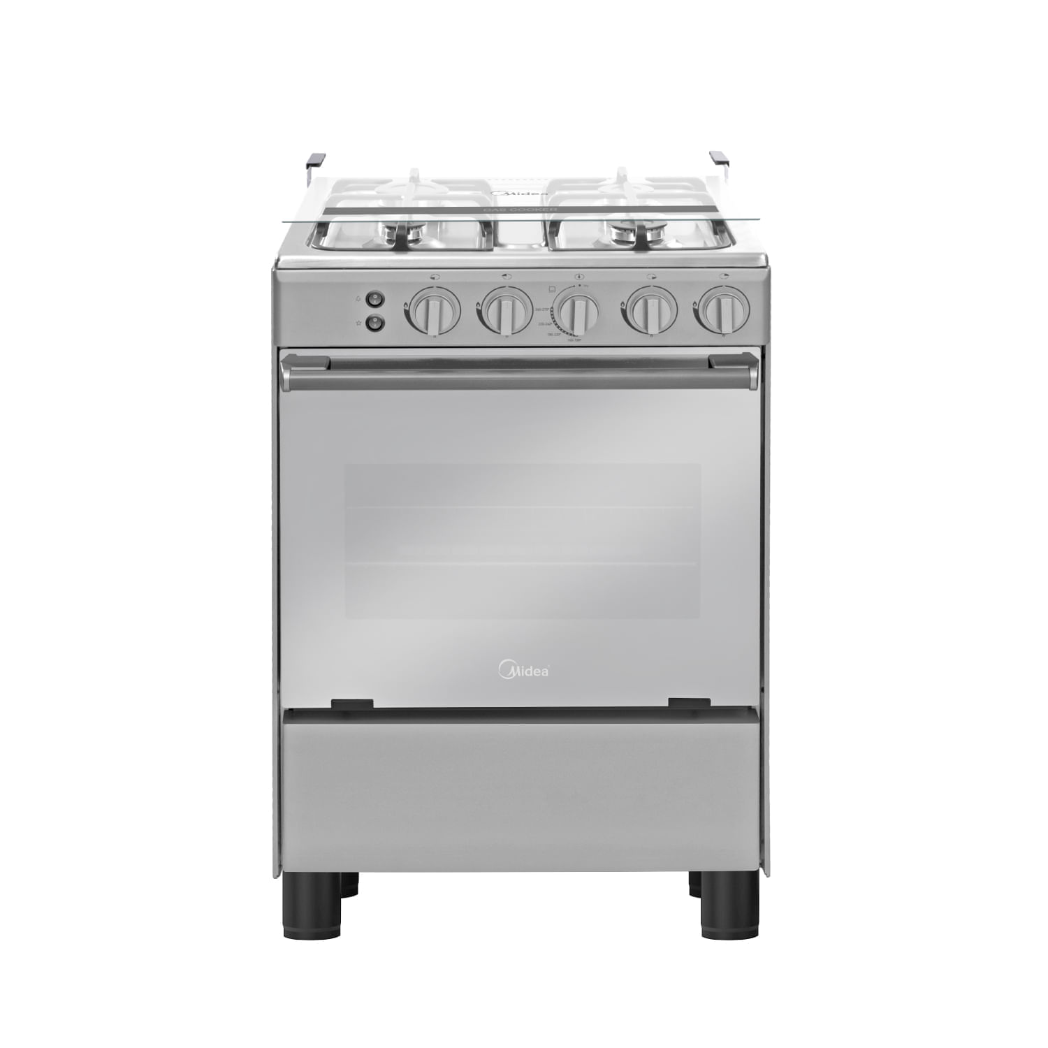 Cocina a gas Midea 24” con 4 quemadores, horno, puerta espejo y tapa de vidrio, gris