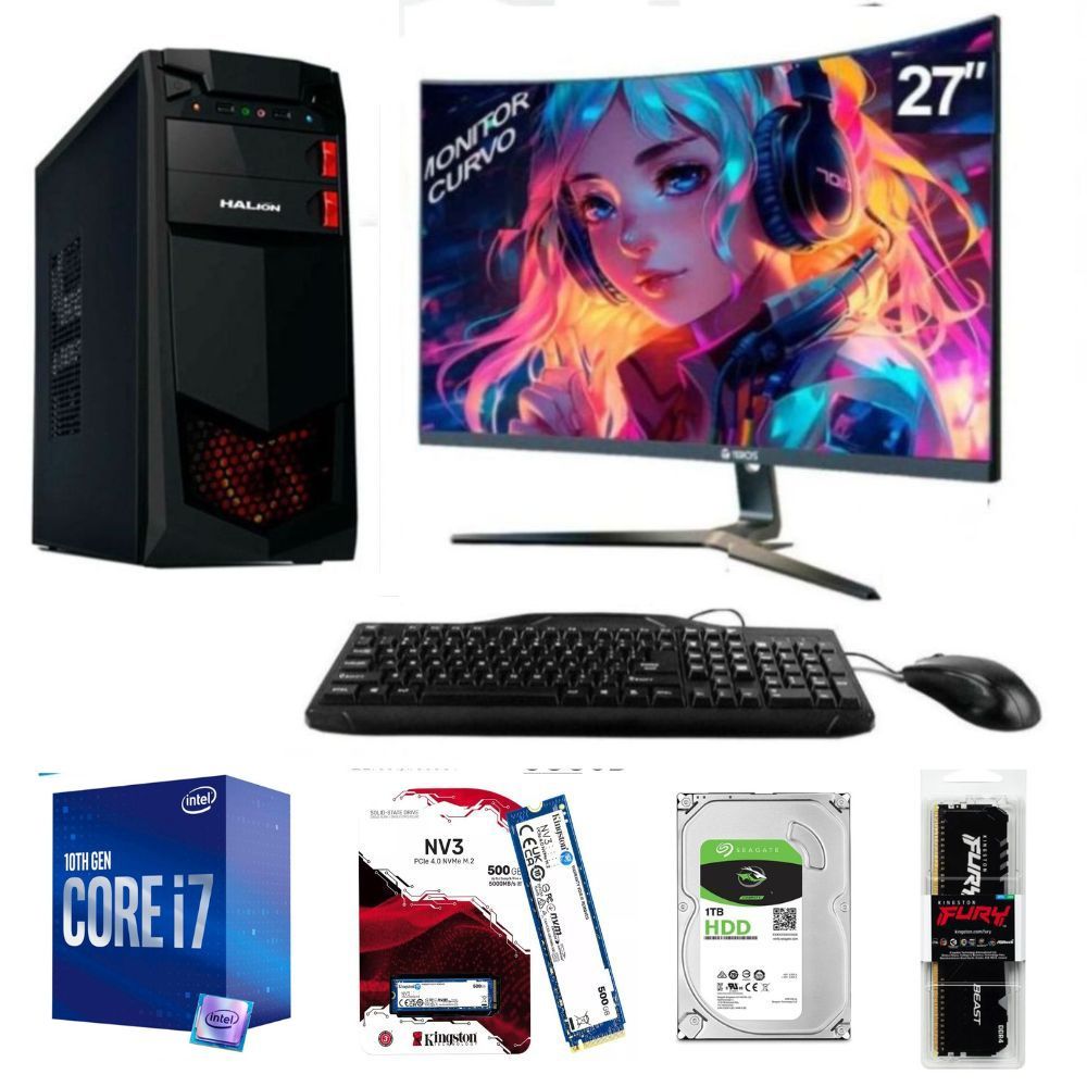 PC Intel Core i7-10TH + 16GB RAM + 1TB Disco HDD  + 500GB SSD + Monitor 27" FHD, FreeDOS