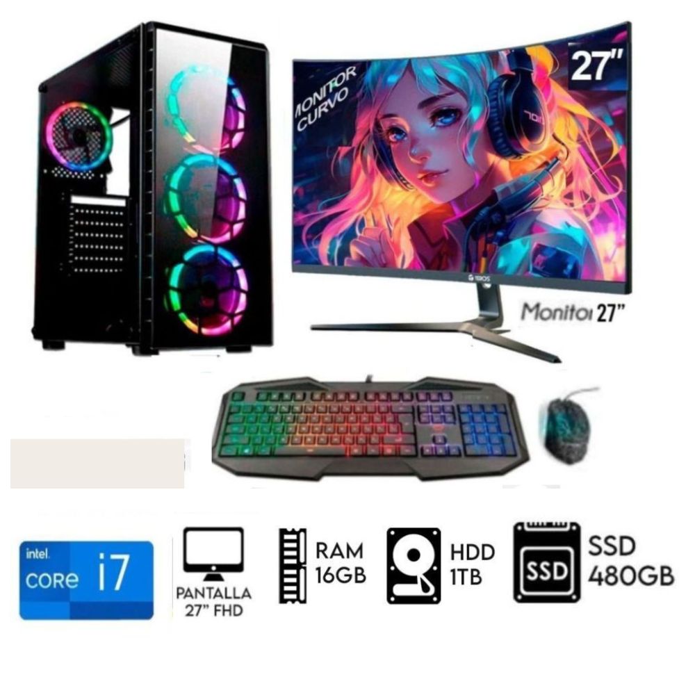 Imagen 2 del producto PC Intel Core i7-6TH + 16GB RAM + 1TB Disco + 480GB SSD + Monitor 27"" FHD + Teclado y mouse gamer + Case RGB luces, FreeDOS