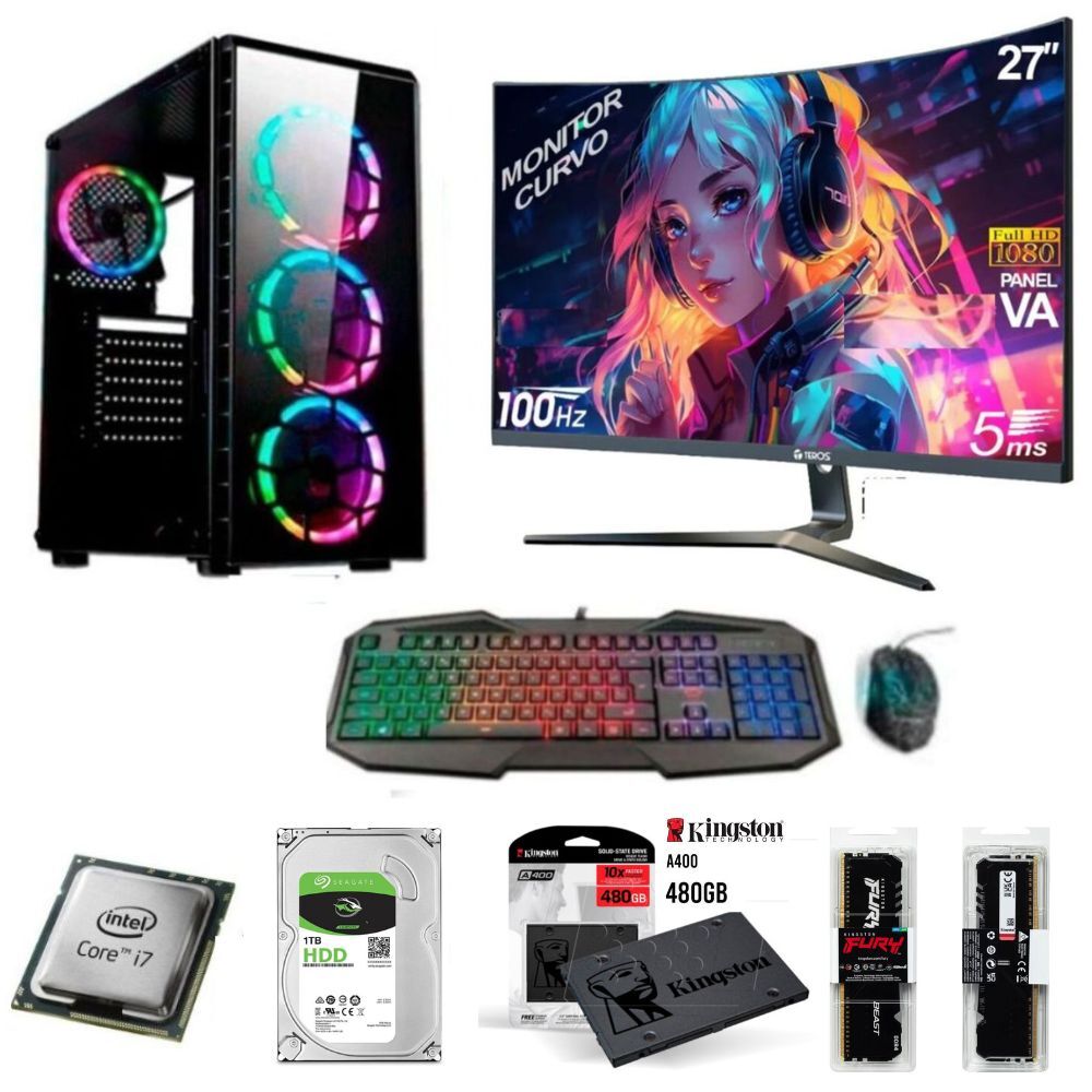 PC Intel Core i7-6TH + 16GB RAM + 1TB Disco + 480GB SSD + Monitor 27" FHD + Teclado y mouse gamer + Case RGB luces, FreeDOS