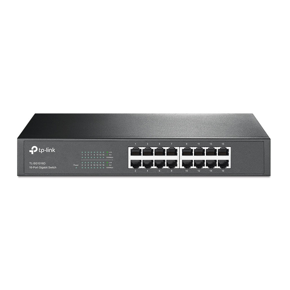 Switch Conmutador TP-Link TL-SG1016D, 16 puertos Gigabit, 10/100/1000 Mbps, eficiencia energética, de escritorio y montaje en rack, negro