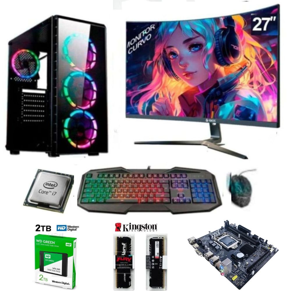 PC Intel Core i7-6TH + 32GB RAM + Disco 2TB SSD + Monitor 27 " FHD + Case 500W RGB + Teclado y mouse gamer, FreeDOS